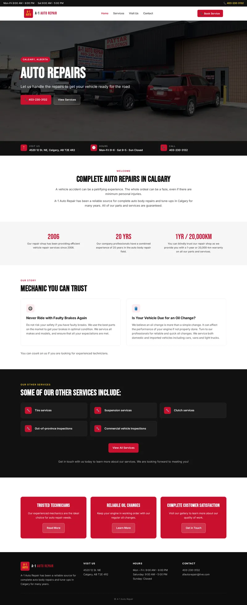 Redesigned website for A-1 Auto Repair, full page