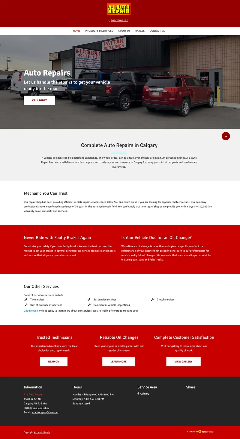 Original website for A-1 Auto Repair, full page