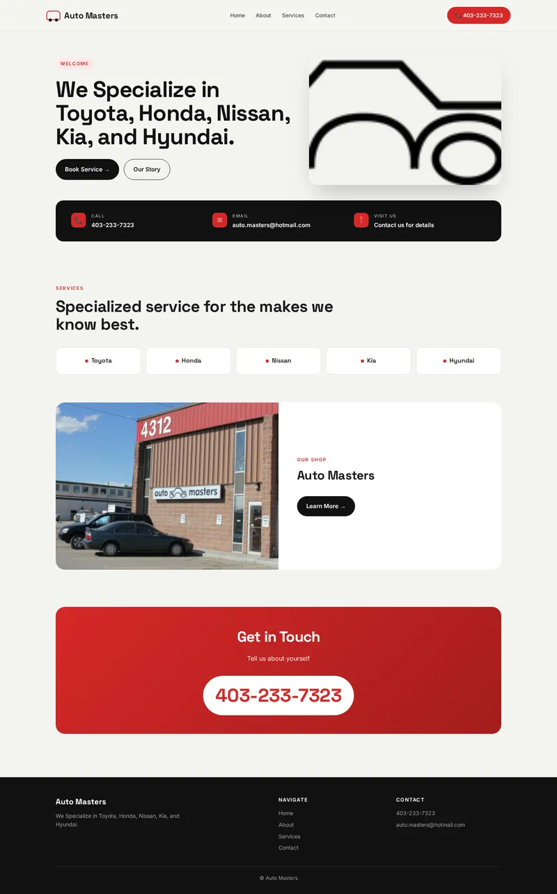Redesigned website for Auto Masters, full page