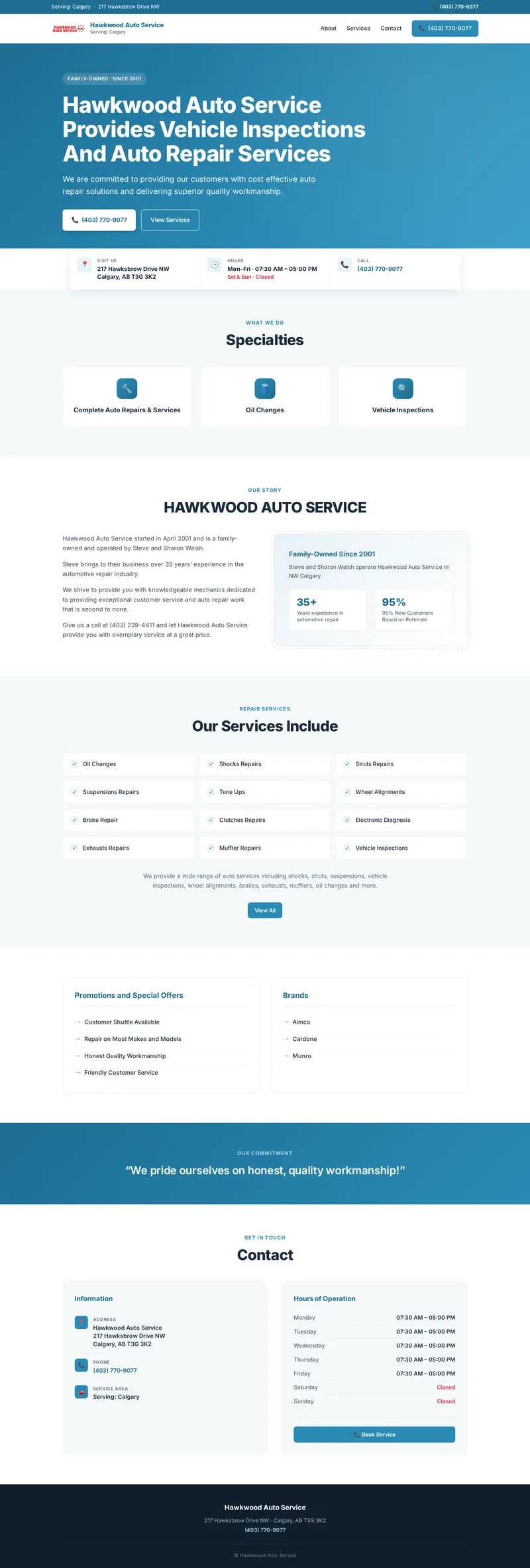 Redesigned website for Hawkwood Auto Service, full page