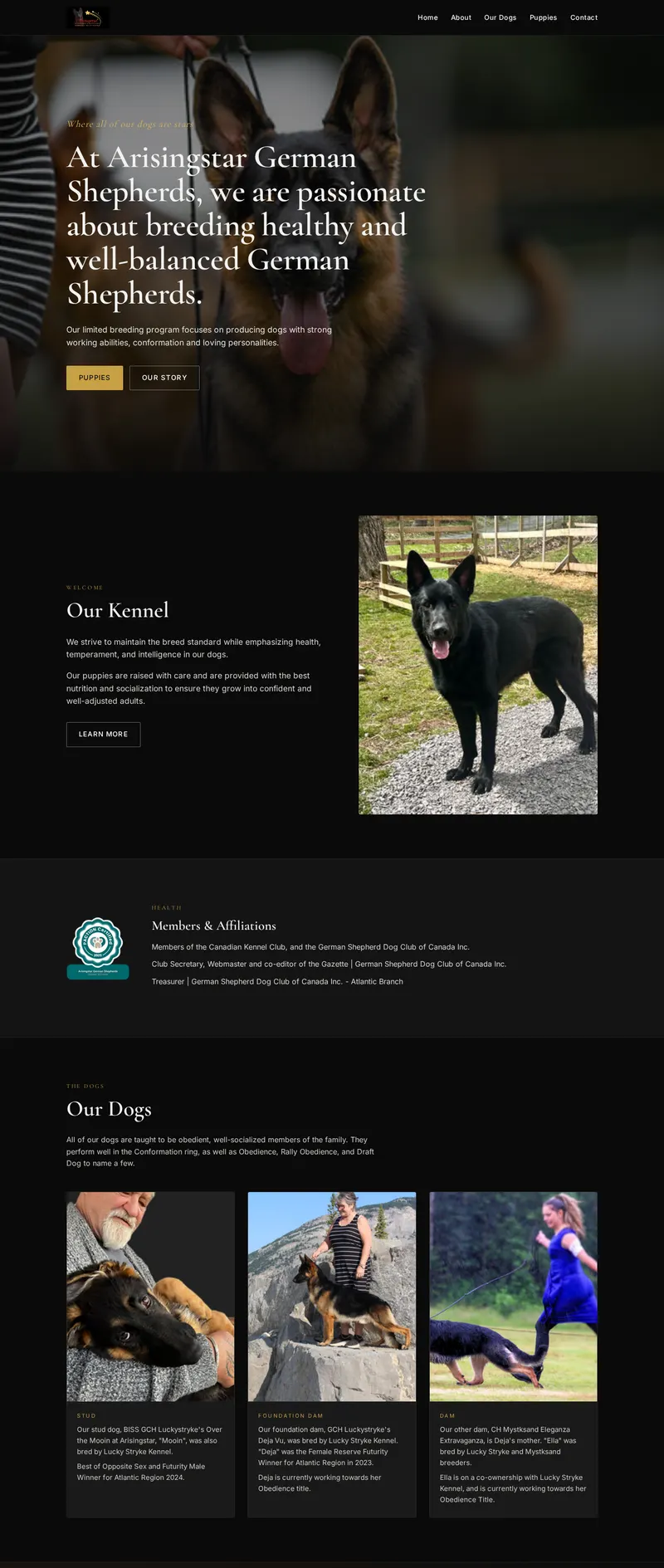 Redesigned website for Arisingstar German Shepherds — full page