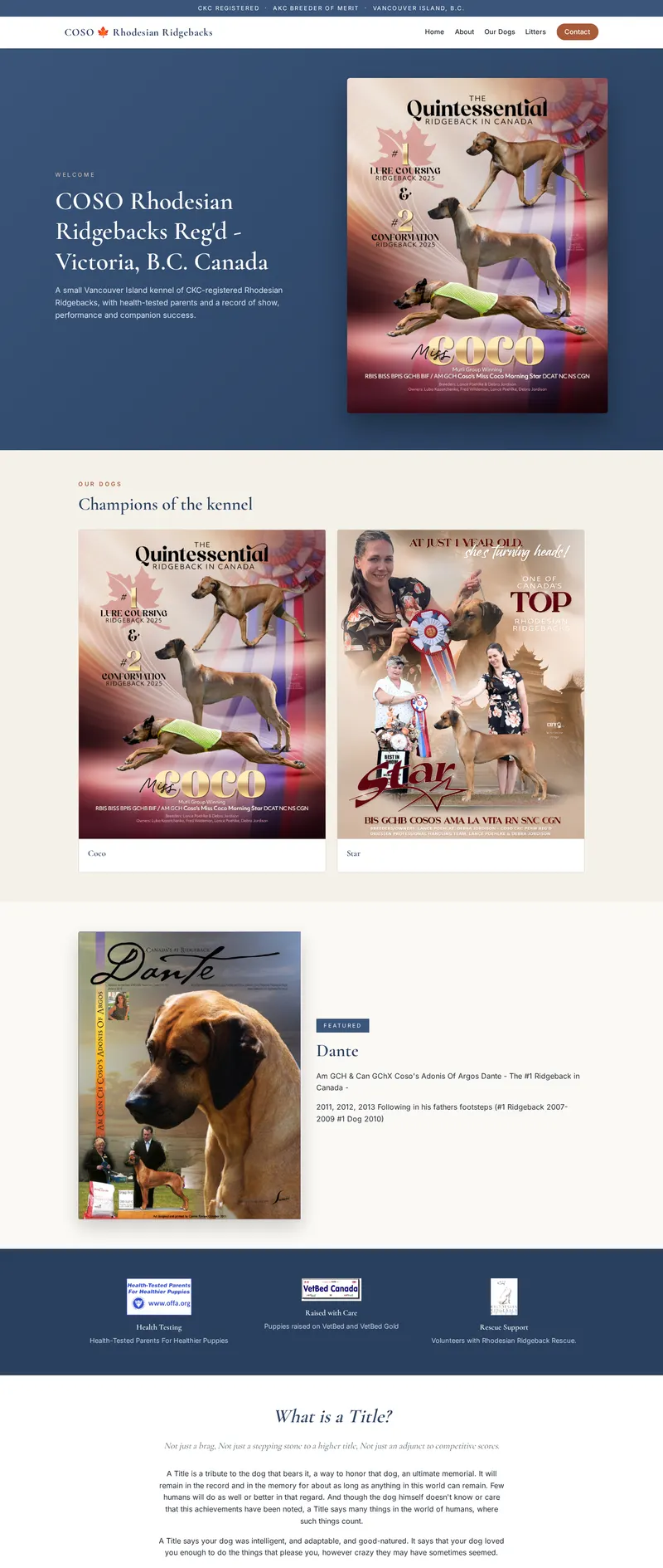 Redesigned website for Coso Rhodesian Ridgebacks — full page