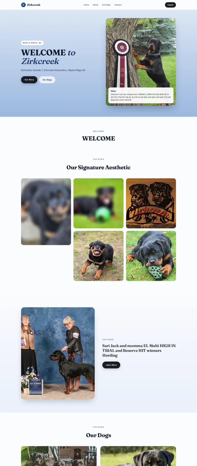 Redesigned website for Zirkcreek Rottweilers — full page